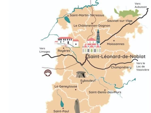 Situer Saint Léonard de Noblat entre Limoges et le lac de Vassivière